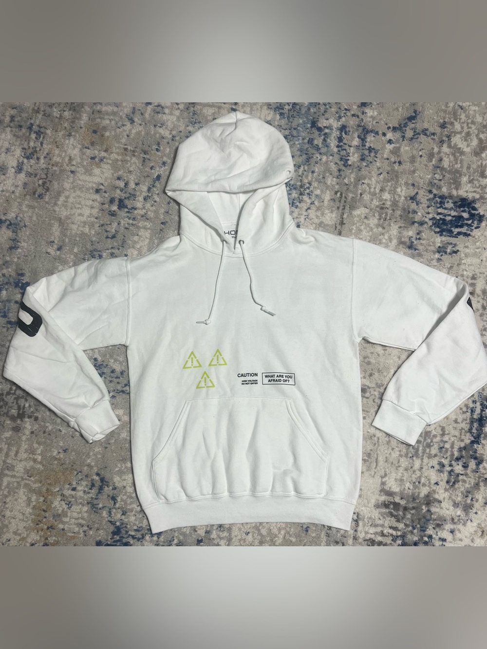 White Graphic Hoodie with Neon Triangle Accents